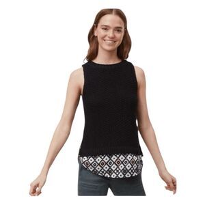 Loft Sweater Vest Black Knit Plaid Shirt Tails Sleeveless Crewneck M